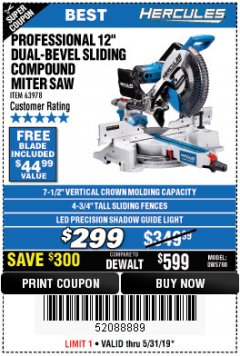 Harbor Freight Coupon HERCULES PROFESSIONAL 12" DOUBLE-BEVEL SLIDING MITER SAW Lot No. 63978/56682 Expired: 5/31/19 - $299