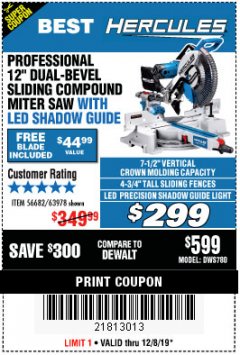 Harbor Freight Coupon HERCULES PROFESSIONAL 12" DOUBLE-BEVEL SLIDING MITER SAW Lot No. 63978/56682 Expired: 12/8/19 - $299