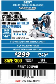 Harbor Freight Coupon HERCULES 12 IN. DUAL-BEVEL SLIDING COMPOUND MITER SAW WITH PRECISION LED SHADOW GUIDE Lot No. 56682/63978 Expired: 12/1/19 - $2.99