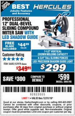 Harbor Freight Coupon HERCULES 12 IN. DUAL-BEVEL SLIDING COMPOUND MITER SAW WITH PRECISION LED SHADOW GUIDE Lot No. 56682/63978 Expired: 12/31/19 - $299