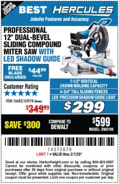 Harbor Freight Coupon HERCULES 12 IN. DUAL-BEVEL SLIDING COMPOUND MITER SAW WITH PRECISION LED SHADOW GUIDE Lot No. 56682/63978 Expired: 2/7/20 - $299