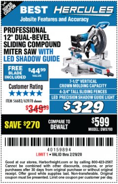 Harbor Freight Coupon HERCULES 12 IN. DUAL-BEVEL SLIDING COMPOUND MITER SAW WITH PRECISION LED SHADOW GUIDE Lot No. 56682/63978 Expired: 2/29/20 - $329
