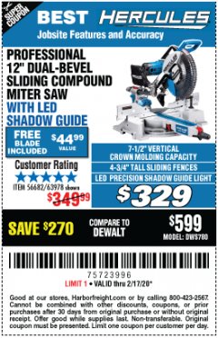 Harbor Freight Coupon HERCULES PROFESSIONAL 12" DOUBLE-BEVEL SLIDING MITER SAW Lot No. 63978/56682 Expired: 2/17/20 - $329.99