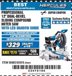 Harbor Freight Coupon HERCULES 12 IN. DUAL-BEVEL SLIDING COMPOUND MITER SAW WITH PRECISION LED SHADOW GUIDE Lot No. 56682/63978 Expired: 6/30/20 - $329