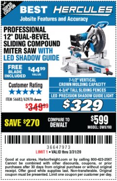 Harbor Freight Coupon HERCULES PROFESSIONAL 12" DOUBLE-BEVEL SLIDING MITER SAW Lot No. 63978/56682 Expired: 3/31/20 - $329