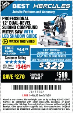 Harbor Freight Coupon HERCULES 12 IN. DUAL-BEVEL SLIDING COMPOUND MITER SAW WITH PRECISION LED SHADOW GUIDE Lot No. 56682/63978 Expired: 3/15/20 - $329