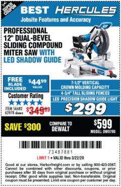 Harbor Freight Coupon HERCULES 12 IN. DUAL-BEVEL SLIDING COMPOUND MITER SAW WITH PRECISION LED SHADOW GUIDE Lot No. 56682/63978 Expired: 3/22/20 - $299