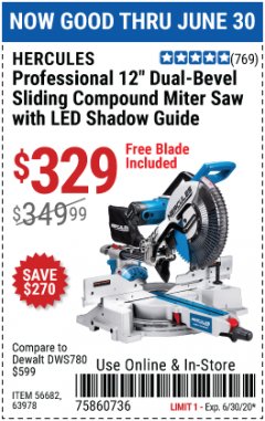 Harbor Freight Coupon HERCULES 12 IN. DUAL-BEVEL SLIDING COMPOUND MITER SAW WITH PRECISION LED SHADOW GUIDE Lot No. 56682/63978 Expired: 6/30/20 - $329
