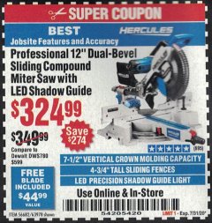 Harbor Freight Coupon HERCULES 12 IN. DUAL-BEVEL SLIDING COMPOUND MITER SAW WITH PRECISION LED SHADOW GUIDE Lot No. 56682/63978 Expired: 7/31/20 - $324.99