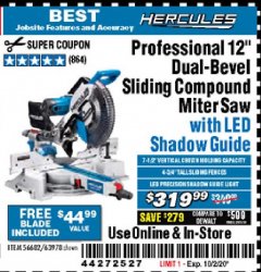 Harbor Freight Coupon HERCULES 12 IN. DUAL-BEVEL SLIDING COMPOUND MITER SAW WITH PRECISION LED SHADOW GUIDE Lot No. 56682/63978 Expired: 10/2/20 - $319.99