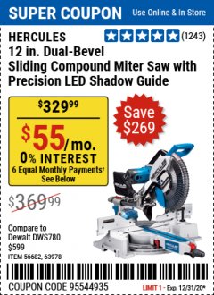 Harbor Freight Coupon HERCULES 12 IN. DUAL-BEVEL SLIDING COMPOUND MITER SAW WITH PRECISION LED SHADOW GUIDE Lot No. 56682/63978 Expired: 12/31/20 - $329.99