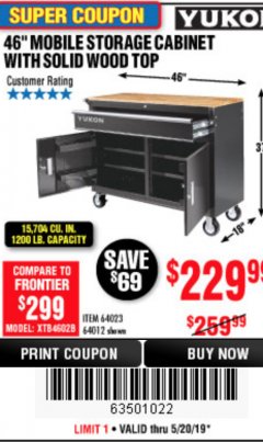 Harbor Freight Coupon YUKON 46" MOBILE WORKBENCH WITH SOLID WOOD TOP Lot No. 64023/64012 Expired: 5/20/19 - $229.99