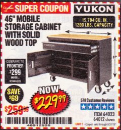 Harbor Freight Coupon YUKON 46" MOBILE WORKBENCH WITH SOLID WOOD TOP Lot No. 64023/64012 Expired: 8/31/19 - $229.99