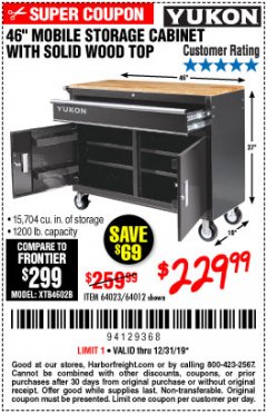 Harbor Freight Coupon YUKON 46" MOBILE WORKBENCH WITH SOLID WOOD TOP Lot No. 64023/64012 Expired: 12/31/19 - $229.99