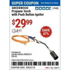 Harbor Freight Coupon PROPANE TORCH WITH PUSH BUTTON IGNITER Lot No. 61595/57062/91037 Expired: 1/29/21 - $29.99