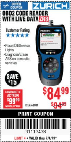 Harbor Freight Coupon ZURICH OBD2 CODE READER WITH LIVE DATA ZR8 Lot No. 63809 Expired: 7/4/19 - $84.99