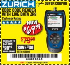 Harbor Freight Coupon ZURICH OBD2 CODE READER WITH LIVE DATA ZR8 Lot No. 63809 Expired: 1/26/20 - $69.99