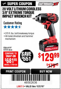 Harbor Freight Coupon EARTHQUAKE 20 VOLT LITHIUM CORDLESS 3/8" CORDLESS EXTREME TORQUE IMPACT WRENCH KIT Lot No. 63536/64197 Expired: 12/2/18 - $129.99