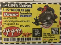 Harbor Freight Coupon BAUER 20 VOLT LITHIUM CORDLESS 6-1/2" CIRCULAR SAW Lot No. 63634 Expired: 5/31/19 - $44.99