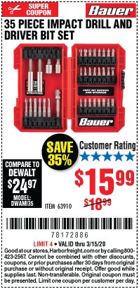 Harbor Freight Coupon 35 PIECE IMPACT DRILL AND DRIVER BIT SET Lot No. 63910 Expired: 3/15/20 - $15.99