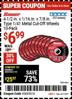 Harbor Freight Coupon 4-1/2", 40 GRIT METAL CUT-OFF WHEELS PACK OF 10 Lot No. 64024 Expired: 8/17/23 - $6.99