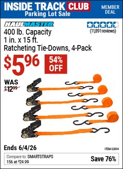 Harbor Freight Coupon HAUL-MASTER 400 LB. CAPACITY, 1 IN. X 15 FT. RATCHETING TIE-DOWNS, 4-PACK Lot No. 63094 Valid: 12/31/69 - 6/4/26 - $5.96