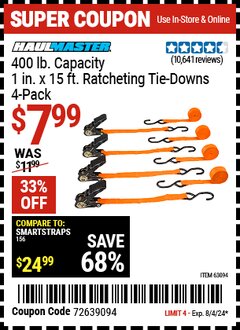 Harbor Freight Coupon HAUL-MASTER 400 LB. CAPACITY, 1 IN. X 15 FT. RATCHETING TIE-DOWNS, 4-PACK Lot No. 63094 Expired: 8/4/24 - $7.99