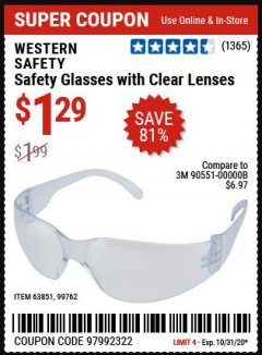 Harbor Freight Coupon CLEAR LENS SAFETY GLASSES Lot No. 63851/99762 Expired: 10/31/20 - $1.29