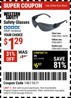 Harbor Freight Coupon CLEAR LENS SAFETY GLASSES Lot No. 63851/99762 Expired: 1/25/22 - $1.29