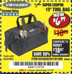 Harbor Freight Coupon 15" TOOL BAG Lot No. 61469/94993/62348/62341 Expired: 7/1/18 - $6.99