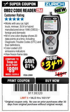 Harbor Freight Coupon ZURICH OBD2 CODE READER ZR4 Lot No. 63808 Expired: 10/21/18 - $34.99