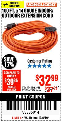 Harbor Freight Coupon 100 FT. X 14 GAUGE INDOOR/OUTDOOR EXTENSION CORD Lot No. 41448/62926/62928/62937 Expired: 10/6/19 - $32.99