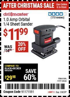 Harbor Freight Coupon DRILL MASTER ORBITAL PALM SANDER Lot No. 61509 Expired: 1/8/23 - $11.99