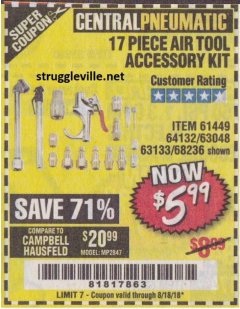 Harbor Freight Coupon 17 PIECE AIR TOOL ACCESSORY KIT Lot No. 63048/61449/64600/56713/68236 Expired: 8/18/18 - $5.99