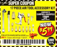 Harbor Freight Coupon 17 PIECE AIR TOOL ACCESSORY KIT Lot No. 63048/61449/64600/56713/68236 Expired: 11/30/18 - $5.99