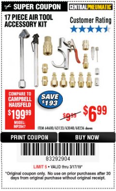 Harbor Freight Coupon 17 PIECE AIR TOOL ACCESSORY KIT Lot No. 63048/61449/64600/56713/68236 Expired: 3/17/19 - $6.99