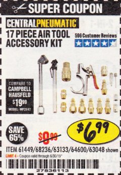 Harbor Freight Coupon 17 PIECE AIR TOOL ACCESSORY KIT Lot No. 63048/61449/64600/56713/68236 Expired: 6/30/19 - $6.99