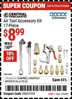 Harbor Freight Coupon CENTRAL PNEUMATIC AIR TOOL ACCESSORY KIT, 17-PIECE Lot No. 64600 Valid Thru: 1/19/26 - $8.99