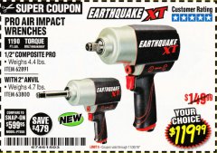 Harbor Freight Coupon EARTHQUAKE XT 1/2 IN. COMPOSITE AIR IMPACT WRENCH, 2 IN. EXTENDED ANVIL, TWIN HAMMER, 1190 FT. LBS. Lot No. 63800 Expired: 11/30/18 - $119.99