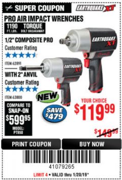 Harbor Freight Coupon EARTHQUAKE XT 1/2" PRO AIR IMPACT WRENCHES Lot No. 62891/63800 Expired: 1/20/19 - $119.99