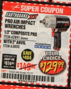 Harbor Freight Coupon EARTHQUAKE XT 1/2 IN. COMPOSITE AIR IMPACT WRENCH, 2 IN. EXTENDED ANVIL, TWIN HAMMER, 1190 FT. LBS. Lot No. 63800 Expired: 7/31/19 - $129.99