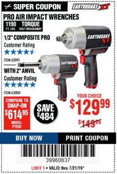 Harbor Freight Coupon EARTHQUAKE XT 1/2" PRO AIR IMPACT WRENCHES Lot No. 62891/63800 Expired: 7/21/19 - $129.99