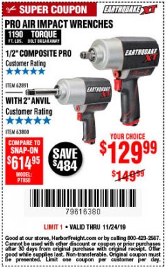 Harbor Freight Coupon EARTHQUAKE XT 1/2 IN. COMPOSITE AIR IMPACT WRENCH, 2 IN. EXTENDED ANVIL, TWIN HAMMER, 1190 FT. LBS. Lot No. 63800 Expired: 11/24/19 - $129.99