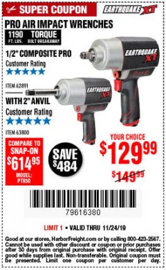 Harbor Freight Coupon EARTHQUAKE XT 1/2" PRO AIR IMPACT WRENCHES Lot No. 62891/63800 Expired: 11/24/19 - $129.99