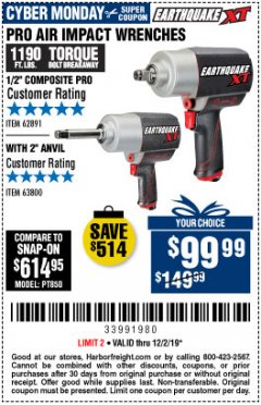 Harbor Freight Coupon EARTHQUAKE XT 1/2" PRO AIR IMPACT WRENCHES Lot No. 62891/63800 Expired: 12/2/19 - $99.99