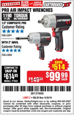 Harbor Freight Coupon EARTHQUAKE XT 1/2" PRO AIR IMPACT WRENCHES Lot No. 62891/63800 Expired: 12/8/19 - $99.99