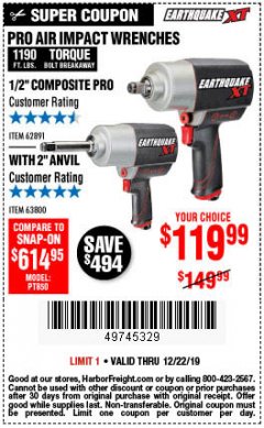 Harbor Freight Coupon EARTHQUAKE XT 1/2 IN. COMPOSITE AIR IMPACT WRENCH, 2 IN. EXTENDED ANVIL, TWIN HAMMER, 1190 FT. LBS. Lot No. 63800 Expired: 12/22/19 - $119.99