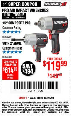 Harbor Freight Coupon EARTHQUAKE XT 1/2" PRO AIR IMPACT WRENCHES Lot No. 62891/63800 Expired: 12/22/19 - $119.99