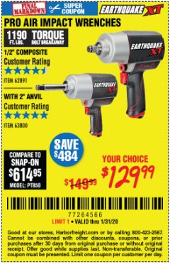 Harbor Freight Coupon EARTHQUAKE XT 1/2 IN. COMPOSITE AIR IMPACT WRENCH, 2 IN. EXTENDED ANVIL, TWIN HAMMER, 1190 FT. LBS. Lot No. 63800 Expired: 1/31/20 - $129.99