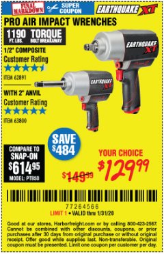 Harbor Freight Coupon EARTHQUAKE XT 1/2" PRO AIR IMPACT WRENCHES Lot No. 62891/63800 Expired: 1/31/20 - $129.99